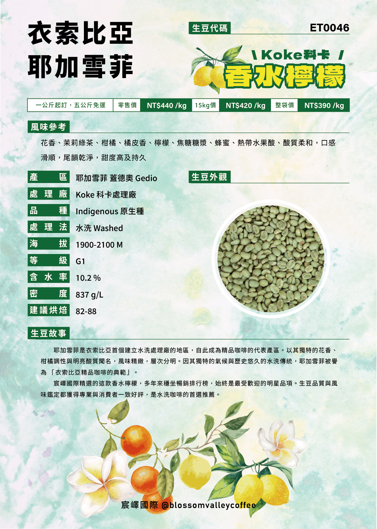 衣索比亞 耶加雪菲 科卡 香水檸檬 水洗 G1