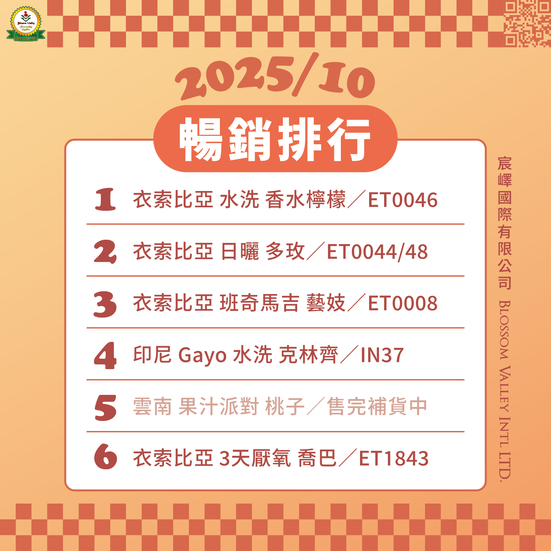 ★ 10月精品豆暢銷排行榜 ★